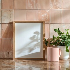 8x10 wooden frame mockup in a blush pink kitchen setting with light pink tile backdrop and a mug