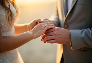 Obraz premium Wedding Rings on Hands A Bride and Groom's Symbol of Love and Marriage