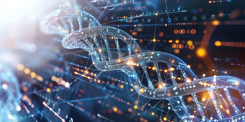 Fototapeta premium Double helix DNA structure, showcasing the cutting-edge world of biotechnology and genetic research. This futuristic design highlights the innovation in molecular biology and gene analysis