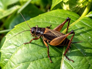Close-up of a Brown and Black Cricket on a Green Leaf, Showcasing the Intricate Details of Insect Life in Nature