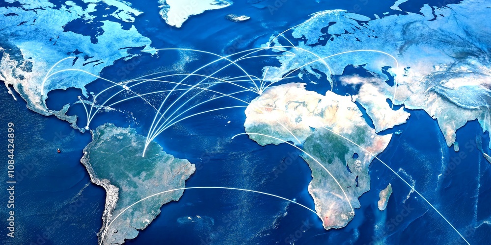 Poster close-up of a dynamic blue world map in motion, capturing the flow of global connectivity with long 