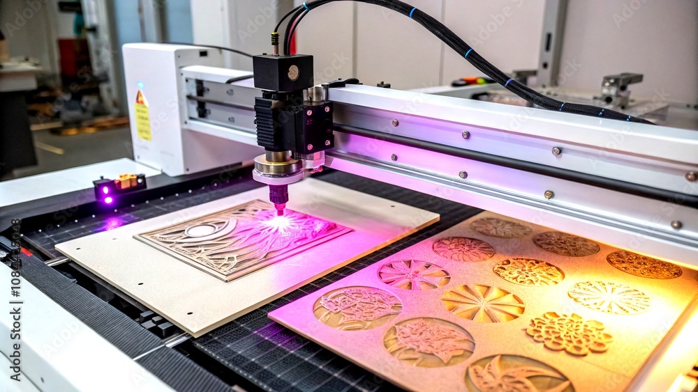 Poster close-up of a futuristic laser engraving machine in action, capturing intricate designs on various m
