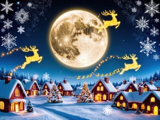 Fototapeta premium A surreal Christmas scene with a large moon casting light over a village, as glowing reindeer shapes appear in the sky, adding a magical holiday touch.