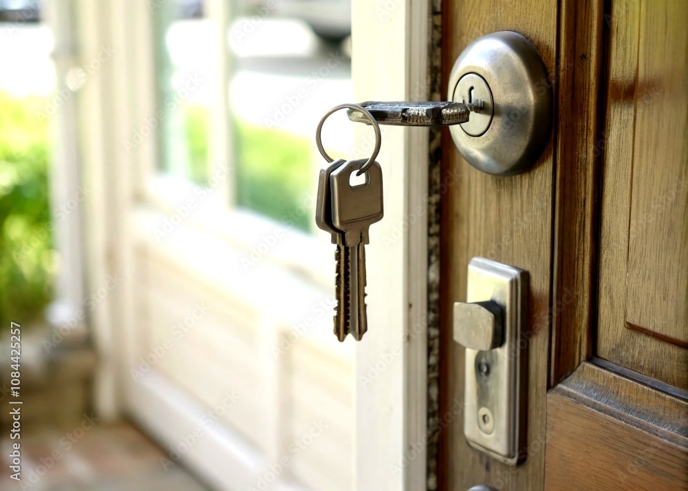 Poster close-up of a key being inserted into a door lock, symbolizing security and access in everyday life,