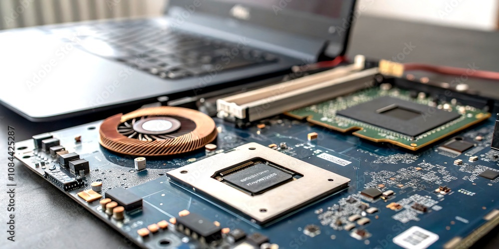 Poster close-up of a laptop processor and gpu after heat sink removal, featuring selective focus and blurre