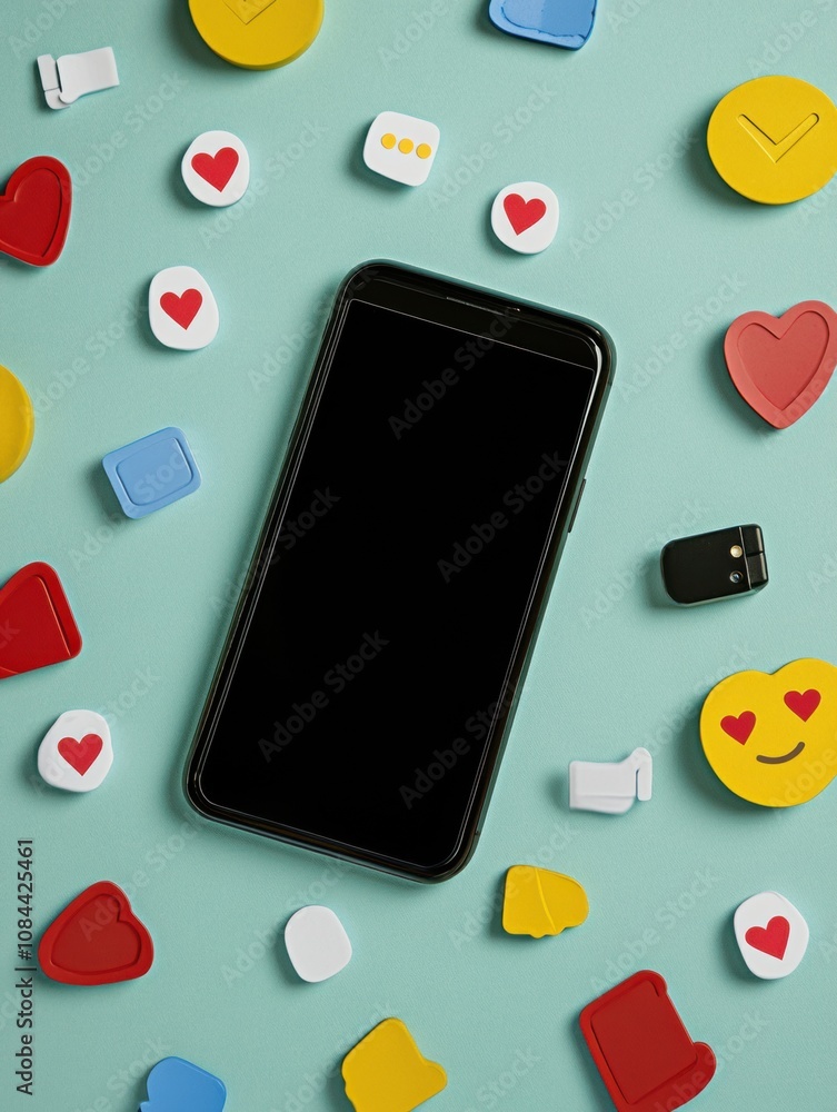 Poster a smartphone rests on a pastel blue surface, encircled by vibrant icons representing notifications, 