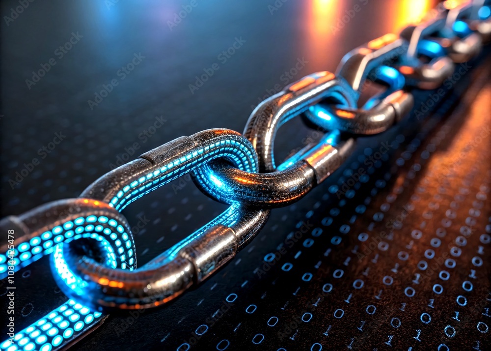 Poster close-up of a metallic chain composed of glowing binary code in blue and orange light, capturing the