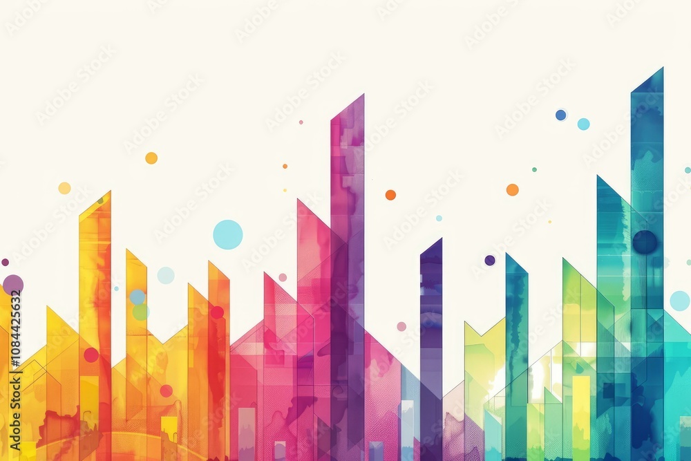 Poster abstract cityscape is created with colorful watercolor blocks and circles on a white background