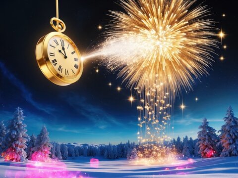 A surreal painting of a clock suspended in mid-air, exploding into vibrant fireworks on New Year's Eve, symbolizing the arrival of the new year