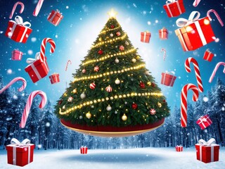Obraz premium A surreal Christmas scene with a floating tree surrounded by candy canes, snow, and gift boxes, creating a magical, festive atmosphere in the air