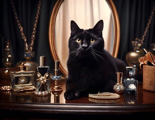 A sleek black cat sitting on a vanity table, with luxury perfume bottles and jewelry scattered elegantly, shot in dim light.