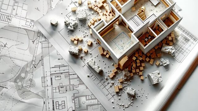 Architectural plans and a model house with construction materials scattered around.