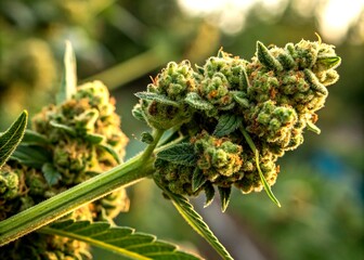 Close-up of Dried and Trimmed Cannabis Nugs on Stem Showcasing Natural Green Color, Sticky Resin, and Medicinal Properties for THC and CBD Users in Recreational Settings