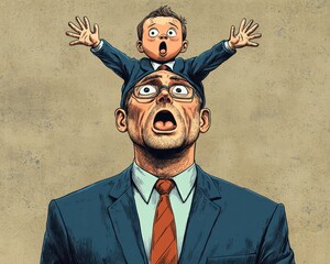 Representation a businessman opening his head to reveal a child-like subconscious