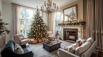 Fototapeta premium Cozy holiday gathering elegant living room interior decor festive atmosphere warm lighting christmas spirit