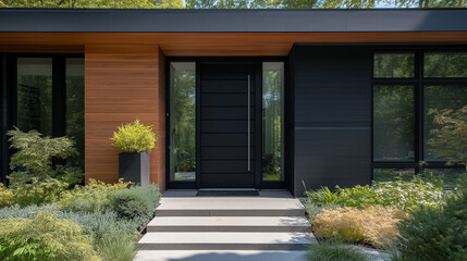 Sleek black door having large side windows and minimalist landscaping such as ontemporary entry door