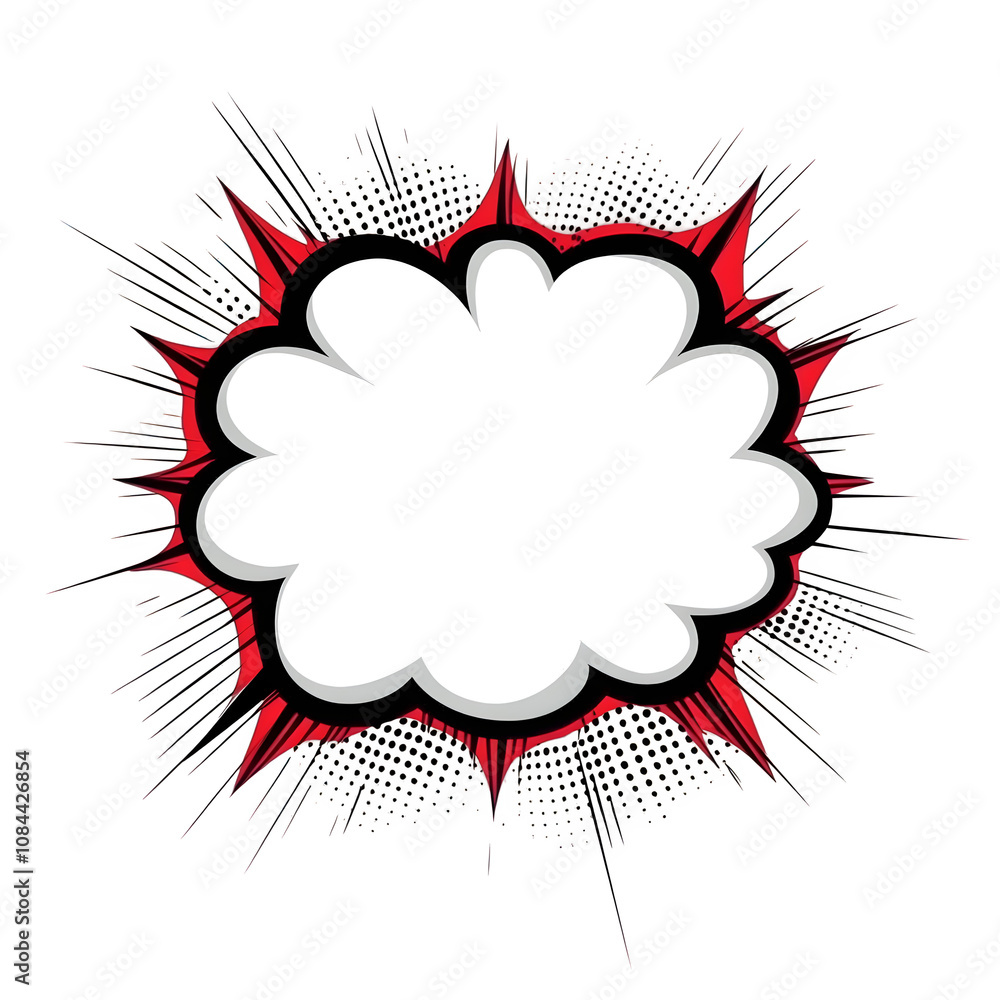 Poster exploding white thought bubble with red outline and black halftone dots, perfect for comic book and 