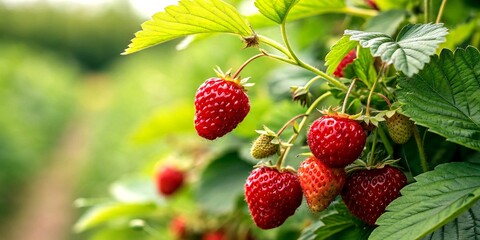 Close-up of Lush Red Ripe Strawberries Growing on a Plant with Vibrant Green Leaves in a Sunlit Garden, Showcasing the Beauty of Fresh Fruits and Nature's Bounty