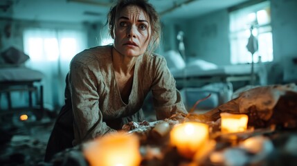 A tense scene of a woman surrounded by flickering candles, her face marked by anxiety and vulnerability, capturing emotional tension and introspection.