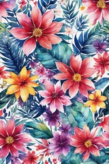 Stunning floral design featuring colorful blossoms, lush leaves. Pink white petals create captivating contrast.For project needing bold, dynamic visual with touch of nature, greeting card, background