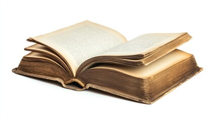 Open antique book with aged pages displayed on a white background