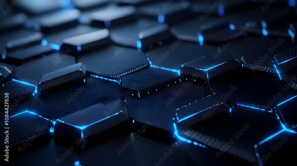 Poster Futuristic hexagonal pattern digital space abstract design blue neon glow close-up technology aesthetics