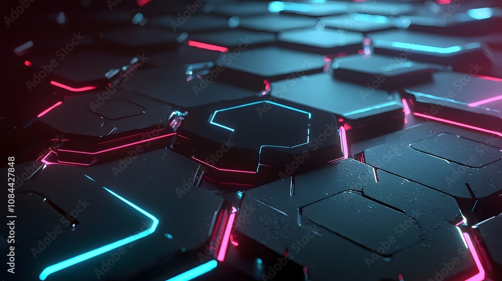 Poster futuristic neon hexagons digital realm graphic design tech environment close-up cyber aesthetics