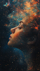 Obraz premium serene woman with cosmic galaxy overlay on her face