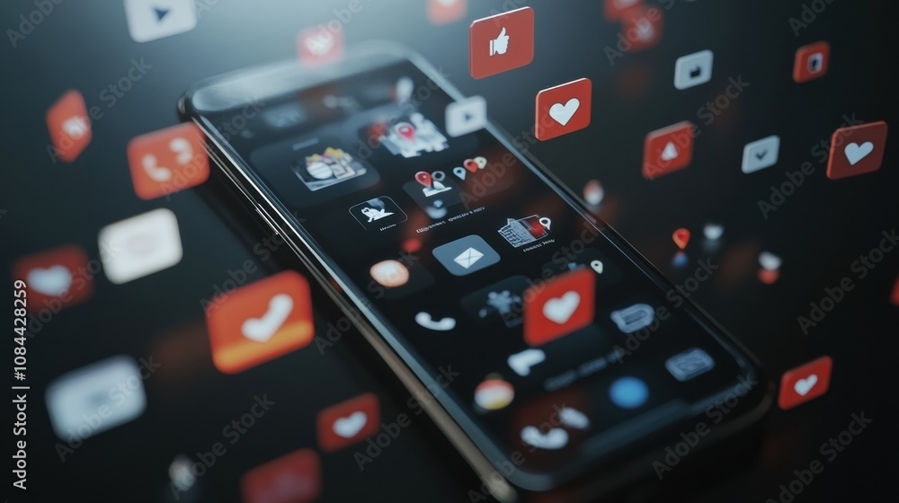Poster a smartphone on a flat surface shows colorful icons for notifications, likes, and comments, highligh