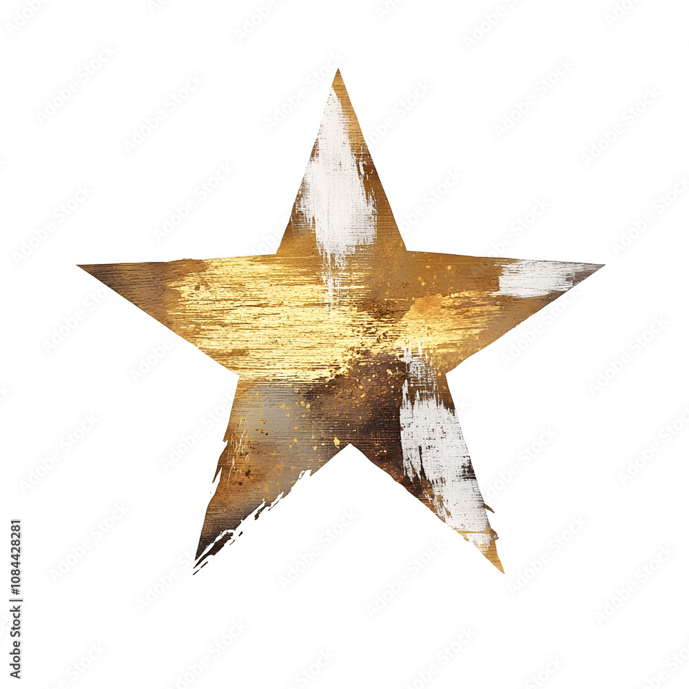 Poster golden and silver brushstrokes create a textured, festive five-pointed star on a transparent backgro