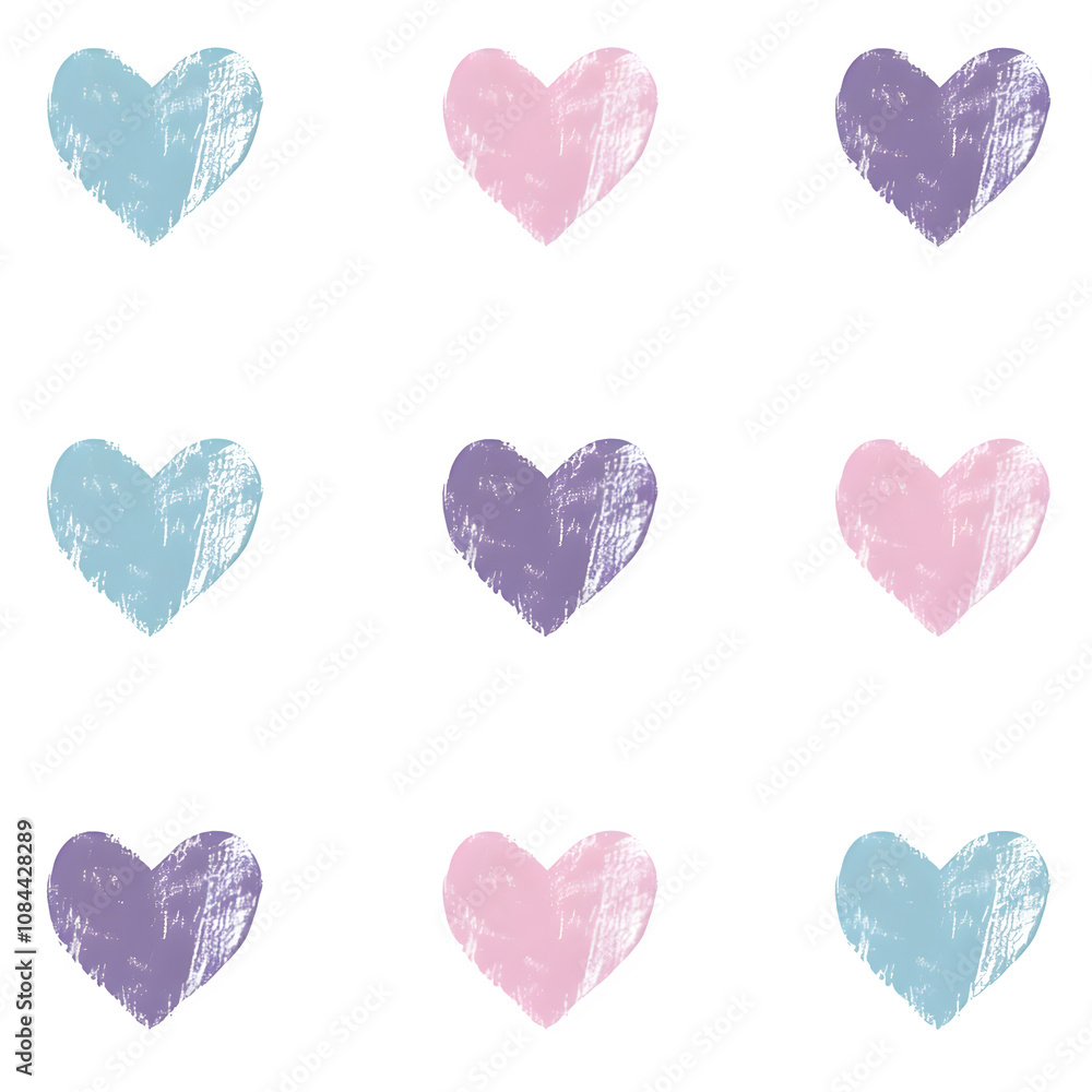 Poster seamless pattern of pastel-colored hearts with a textured, hand-drawn effect on a transparent backgr