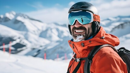 Smiling man in ski gear enjoying snowy mountains at Sierra Nevada resort in Spain.