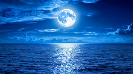 The full moon casts a silvery glow on the tranquil ocean, reflecting the celestial beauty of the night sky