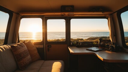 Cozy van interior with a stunning ocean view during sunset showcasing a perfect work-from-home setup