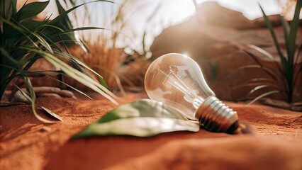 light bulb in nature on green leaf, ecology, cinematic colors, sun light