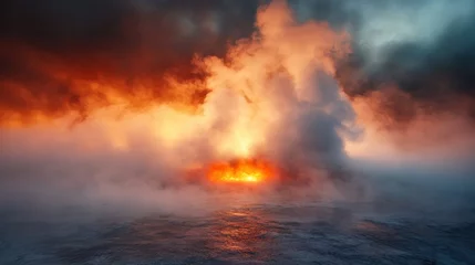 A breathtaking photograph capturing the dynamic contrast of a fiery sunset over a turbulent sea, enveloped by billowing clouds of smoke and captivating the viewer.