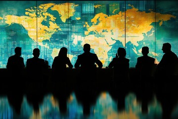 Business meeting overview global market infographic display corporate environment silhouette viewpoint strategic insights