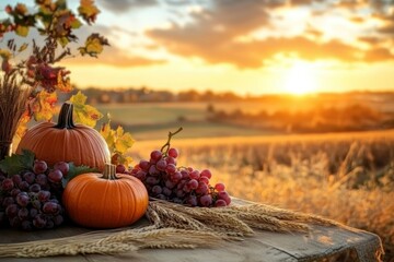 Autumn Harvest with Pumpkins and Grapes at Sunset