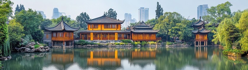 Fototapeta premium Serene water reflection of traditional architecture urban landscape photography tranquil environment scenic viewpoint cultural heritage