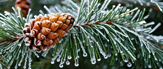 Obraz premium Close-Up of Frosted Cedar Cone with Aromatic Resin Drops; Sparkling Ice and Enchanting Bokeh Highlights on a Coniferous Branch, Perfect for Classic Winter Postcards.