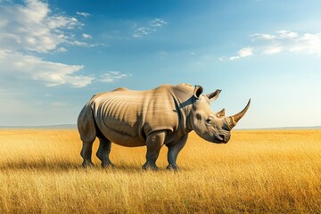 Obraz premium Majestic Rhinoceros in Golden Grassland Under Blue Sky