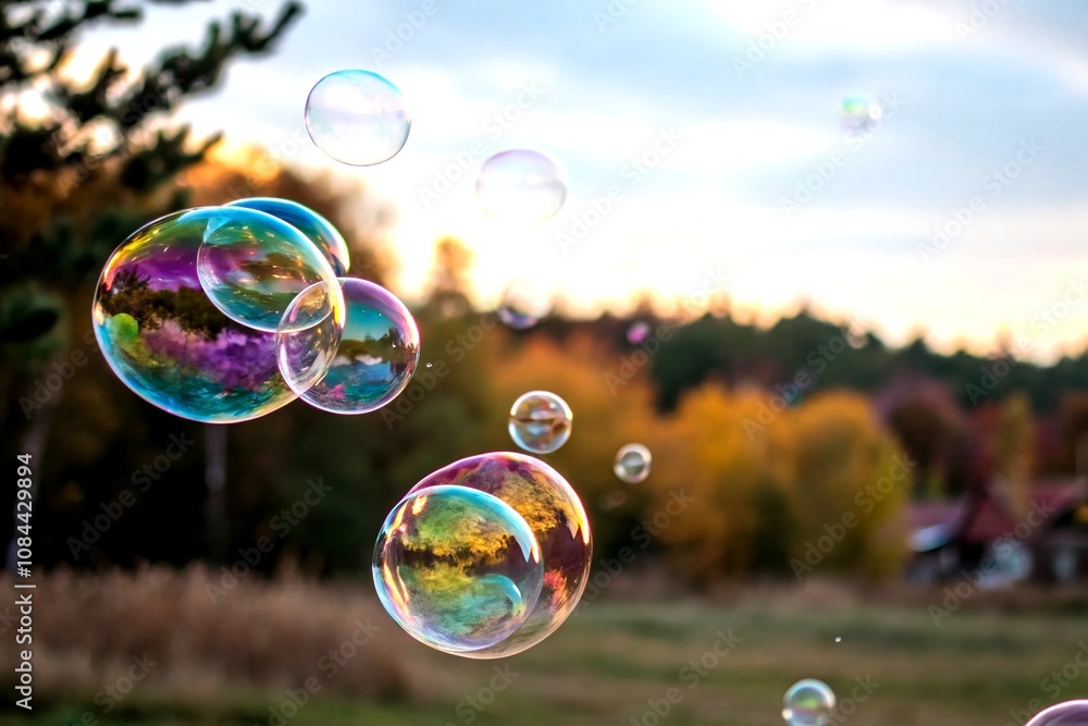 Poster closeup view of colorful bubbles on a soft abstract background, creating a serene atmosphere with vi