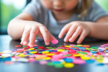 Fototapeta premium Child Playing with Colorful Craft Dots on Table
