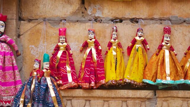 Close up shot of colorful puppets wearing colorful traditional Rajasthani clothes hanging against the wall in Jaisalmer, Rajasthan, India. Local market of Jaisalmer city. Rajasthani Kathputli.

