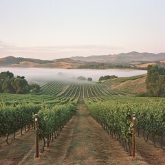 Fototapeta premium Morning mist over vineyard rows napa valley landscape photography serene environment wide angle view nature's beauty
