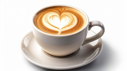 A beautifully crafted latte with heart-shaped foam art in a white cup.