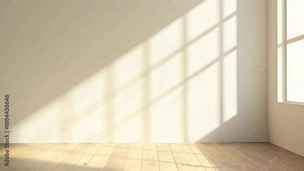 Aufkleber Sunlight is streaming through a bright window in an empty room with light wooden floors and white walls, creating a peaceful and inviting atmosphere