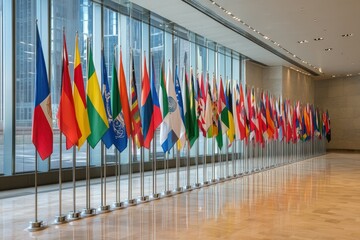International Flags Display in Modern Building Interior