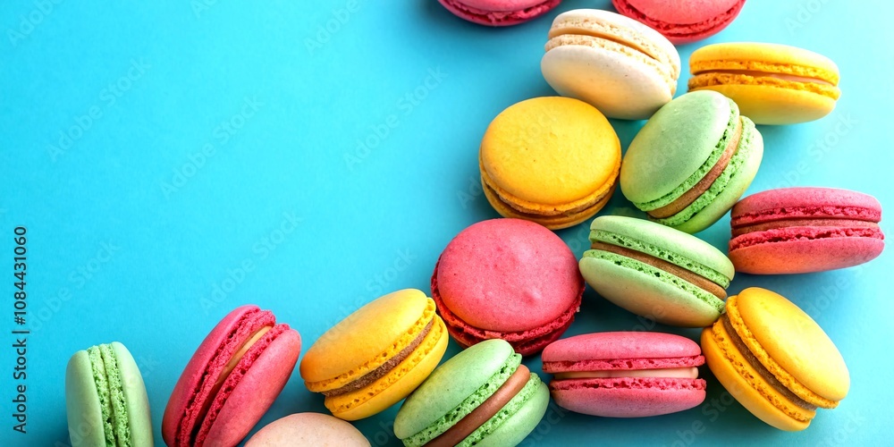 Poster colorful macaroon cookies arranged on a vibrant blue background, captured from above with ample blan
