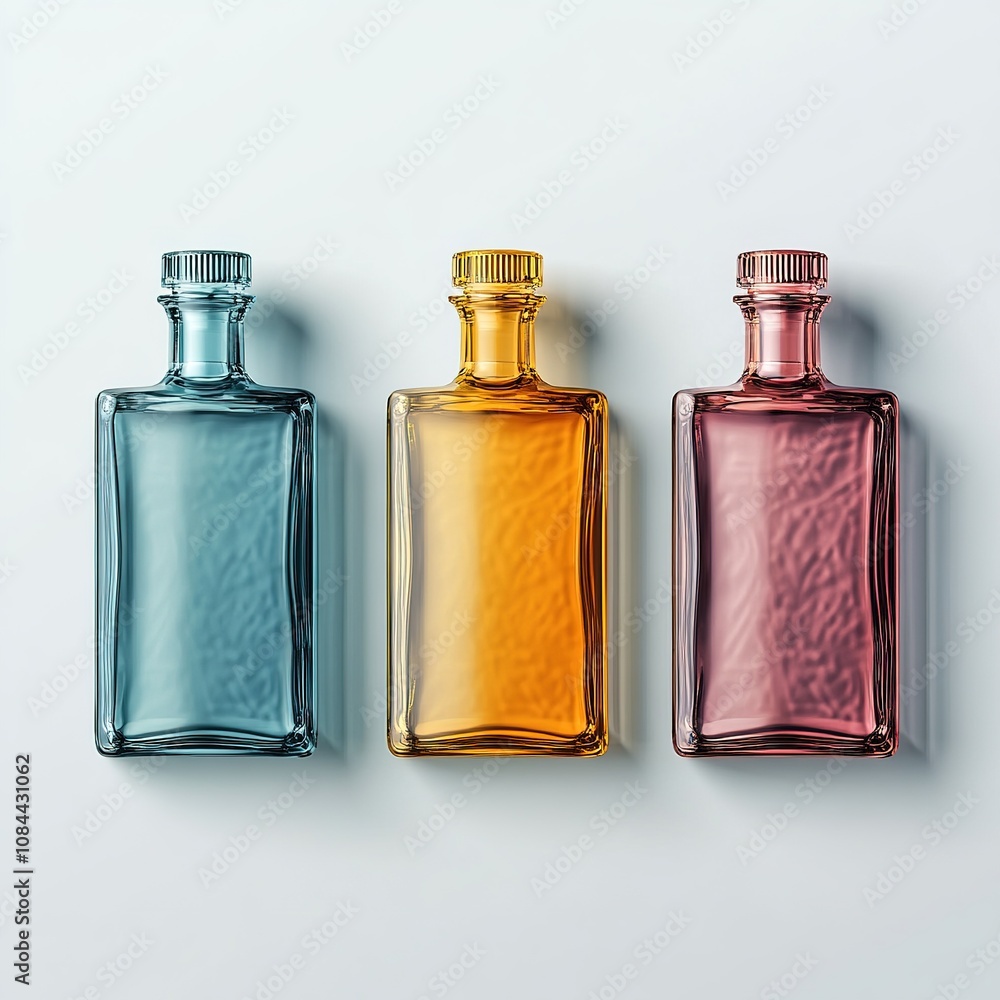 Poster artistic display of colored glass bottles studio setup photography minimalist design top-down view c